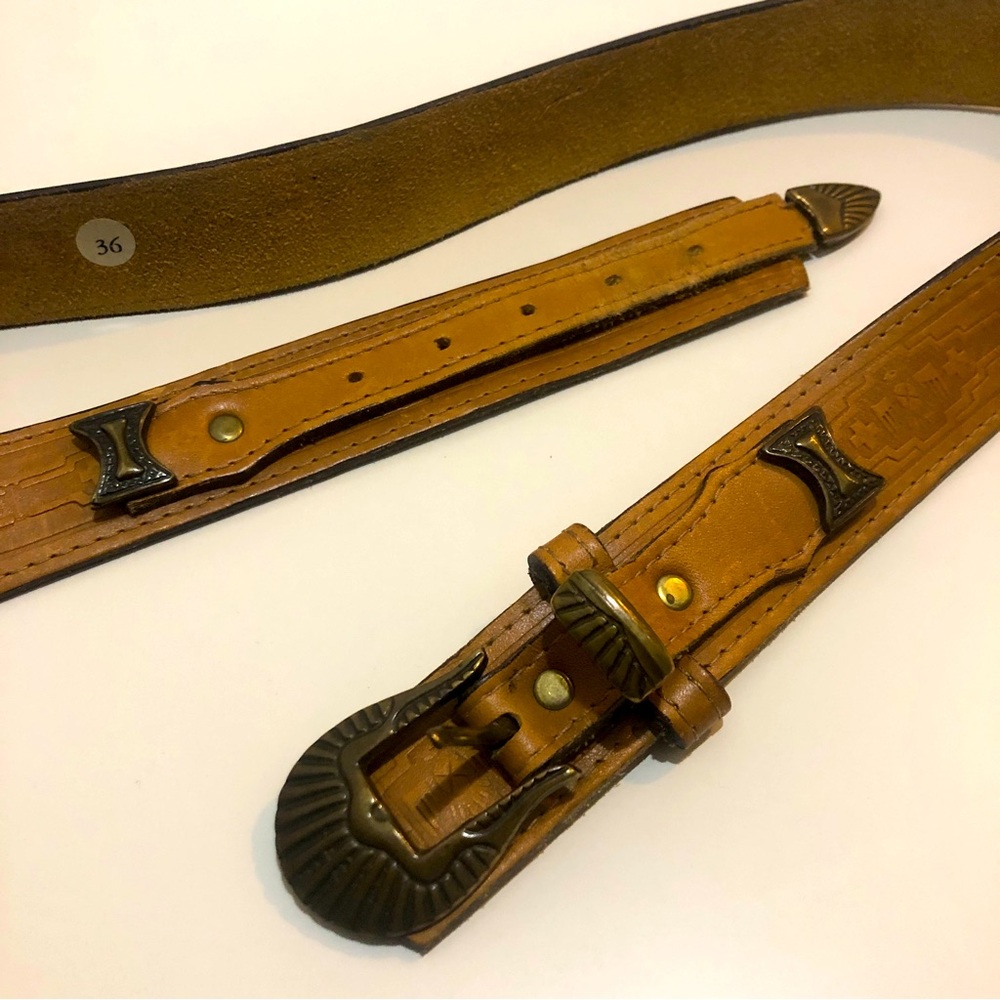 ⭐️Vintage Brown Leather Cowboy Belt Size 36 Unisex Aztec Gold Hardware ⭐️